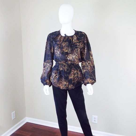 MISS TINA BLACK AND BROWN ANIMAL PRINT RUFFLE FRONT LONG SLEEVE BLOUSE - SZ 8/10 - Picture 2 of 5